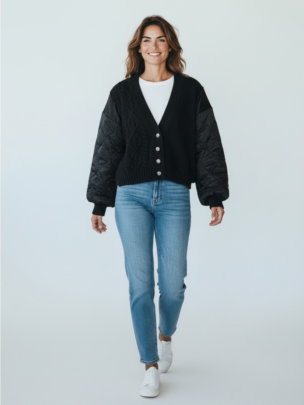 POL Black Quilted-Sleeve Knit Button Cardigan